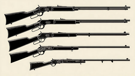 Lever-Action and Pump-Action Rifle Silhouette Collection isolated on plain white background.のイラスト素材