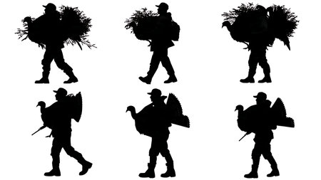 Hunter Carrying a Harvested Turkey Silhouette Collection isolated on plain white background.のイラスト素材