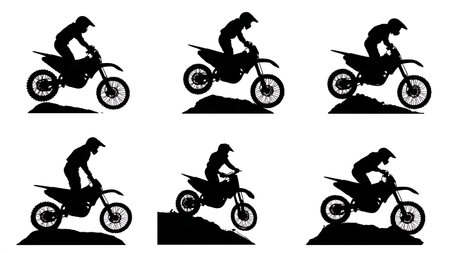 Motorcycle Hill Climb Racing Action Silhouette Set isolated on plain white background.のイラスト素材