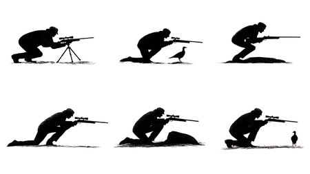 Hunter in Prone Shooting Position Silhouette Vector Pack isolated on plain white background.のイラスト素材