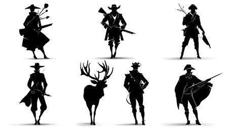 Hunter Posing with a Trophy Buck Silhouette Set isolated on plain white background.のイラスト素材