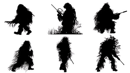 Hunter in Ghillie Suit Camouflage Silhouette Collection isolated on plain white background.のイラスト素材