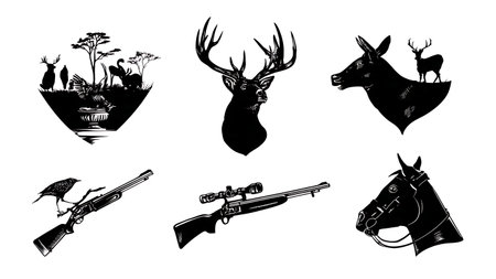 Hunter's Trophy Room Interior Scene Silhouette Set isolated on plain white background.のイラスト素材