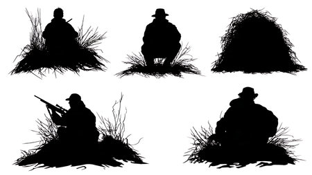 Hunter in a Pop-Up Ground Blind Silhouette Collection isolated on plain white background.のイラスト素材