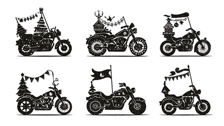 Festive and Holiday Decorated Motorcycle Silhouette Set isolated on plain white background.のイラスト素材