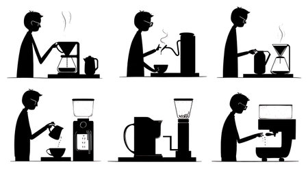 Different Coffee Making Methods Silhouette Set isolated on plain white background.のイラスト素材
