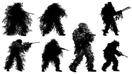 Hunter in Ghillie Suit Camouflage Silhouette Collection isolated on plain white background.のイラスト素材
