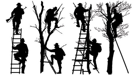 Hunter Climbing into a Tree Stand Silhouette Set isolated on plain white background.のイラスト素材
