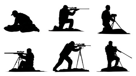 Hunter Using a Shooting Rest or Sandbag Silhouette Pack isolated on plain white background.のイラスト素材