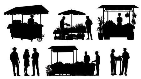 Farmers Market Stall with Vendor and Produce Silhouette Set isolated on plain white background.のイラスト素材