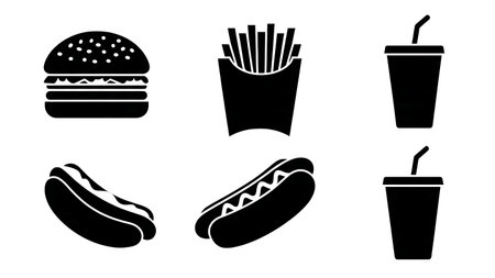 Fast Food and Junk Food Silhouette Vector Pack isolated on plain white background.のイラスト素材