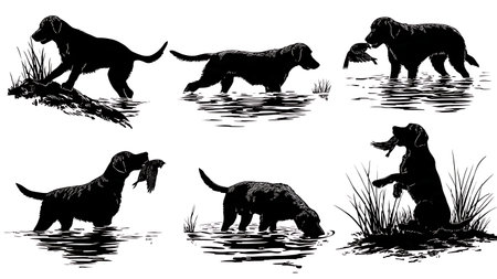 Hunting Dog Retrieving a Bird from Water Silhouette Collection isolated on plain white background.のイラスト素材