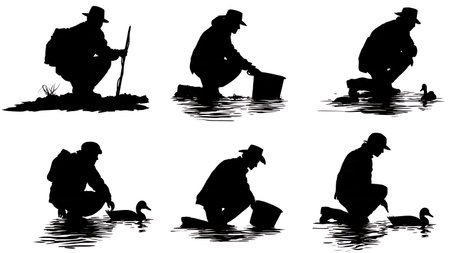 Hunter Setting Waterfowl Decoys Silhouette Set isolated on plain white background.のイラスト素材