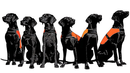 Hunting Dog in a Safety Vest Silhouette Set isolated on plain white background.