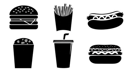 Fast Food and Junk Food Silhouette Vector Pack isolated on plain white background.のイラスト素材