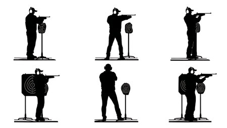 Hunter at a Shooting Range Practice Silhouette Vector Set isolated on plain white background.のイラスト素材