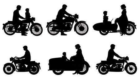 Family Adventure with Sidecar Motorcycle Silhouette Set isolated on plain white background.のイラスト素材