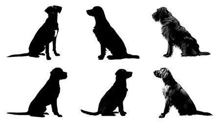 Hunting Dog Breeds Sitting Patiently Silhouette Set isolated on plain white background.のイラスト素材