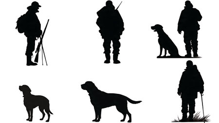 Hunter with Retriever Dog Companion Silhouette Collection isolated on plain white background.のイラスト素材