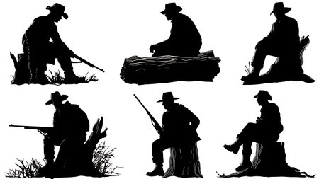 Hunter Taking a Break on a Log with Rifle Silhouette Set isolated on plain white background.のイラスト素材
