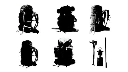 Hunter's Backpack and Survival Gear Silhouette Pack isolated on plain white background.のイラスト素材