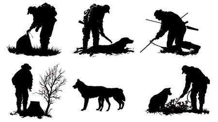 Hunter Field Dressing a Harvested Animal Silhouette Set isolated on plain white background.のイラスト素材