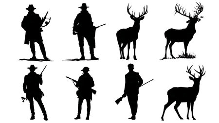 Hunter Posing with a Trophy Buck Silhouette Set isolated on plain white background.のイラスト素材
