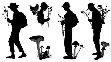 Person Foraging for Wild Food in Forest Silhouette Set isolated on plain white background.のイラスト素材