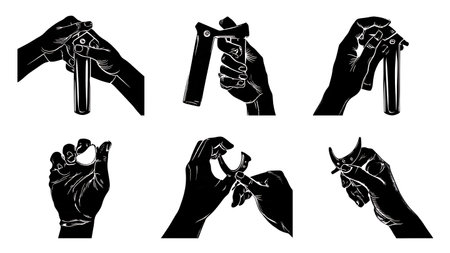 Hands Using a Garlic Press Silhouette Action Set isolated on plain white background.のイラスト素材