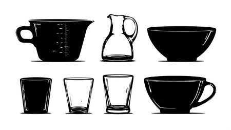 Kitchen Glassware and Measuring Cup Silhouette Set isolated on plain white background.のイラスト素材