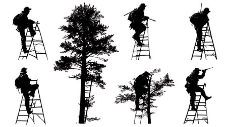Hunter Climbing into a Tree Stand Silhouette Set isolated on plain white background.のイラスト素材
