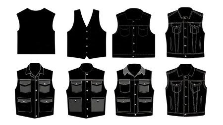 Biker Club Vest with Blank Patches Silhouette Pack isolated on plain white background.のイラスト素材