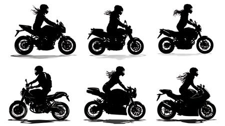 Empowered Female Motorcycle Rider Silhouette Vector Set isolated on plain white background.のイラスト素材