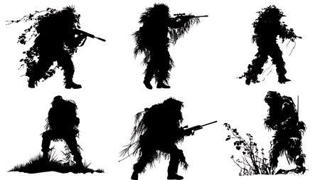 Hunter in Ghillie Suit Camouflage Silhouette Collection isolated on plain white background.のイラスト素材