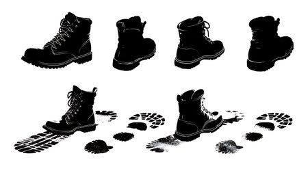 Hunter's Boot Print Hiking and Tracking Silhouette Set isolated on plain white background.のイラスト素材