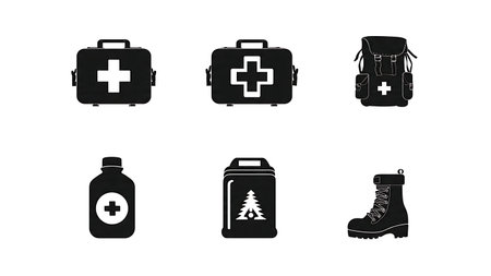 Hunter's First Aid Kit and Safety Supplies Silhouette Set isolated on plain white background.のイラスト素材