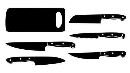 Chef's Knives and Cutting Board Silhouette Collection isolated on plain white background.のイラスト素材