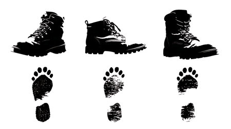 Hunter's Boot Print Hiking and Tracking Silhouette Set isolated on plain white background.のイラスト素材