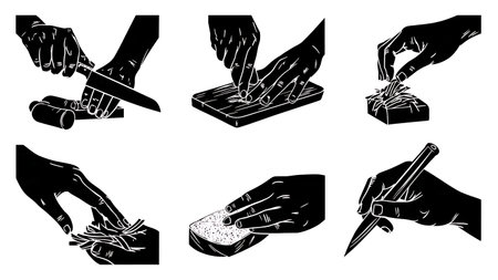 Chef Knife Cutting Techniques Silhouette Vector Set isolated on plain white background.のイラスト素材