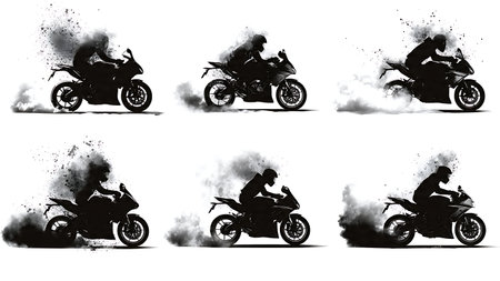 Motorcycle Burnout with Smoke Silhouette Collection isolated on plain white background.のイラスト素材