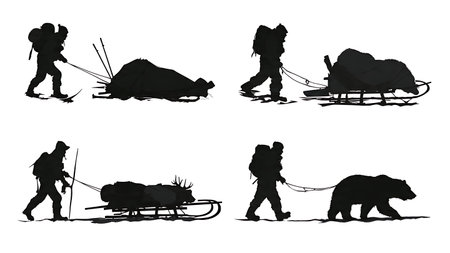 Hunter Pulling a Sled with Gear and Harvest Silhouette Pack isolated on plain white background.のイラスト素材