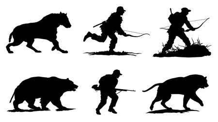 Hunter Quartering a Big Game Animal Silhouette Set isolated on plain white background.のイラスト素材