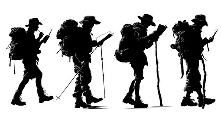 Hunter Navigating with Map and Compass Silhouette Collection isolated on plain white background.のイラスト素材