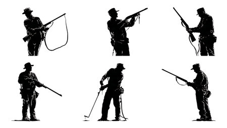 Hunter Cleaning a Rifle Firearm Maintenance Silhouette Set isolated on plain white background.のイラスト素材