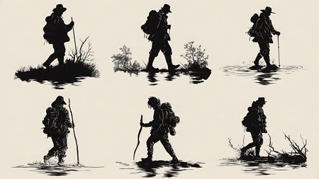 Hunter Crossing a Stream Outdoor Challenge Silhouette Set isolated on plain white background.のイラスト素材