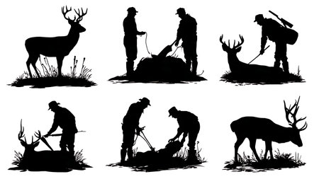 Hunter Field Dressing a Harvested Animal Silhouette Set isolated on plain white background.のイラスト素材