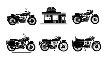 Classic Motorcycle at Roadside Diner Silhouette Scene isolated on plain white background.のイラスト素材