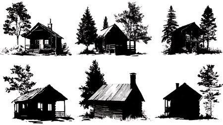 Rustic Hunting Lodge and Cabin Silhouette Set isolated on plain white background.のイラスト素材