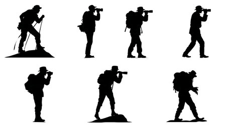 Hunter Glassing a Mountainside with Optics Silhouette Set isolated on plain white background.のイラスト素材