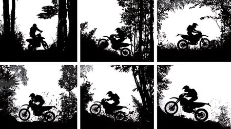 Forest Trail Motorcycle Adventure Rider Silhouette Set isolated on plain white background.のイラスト素材